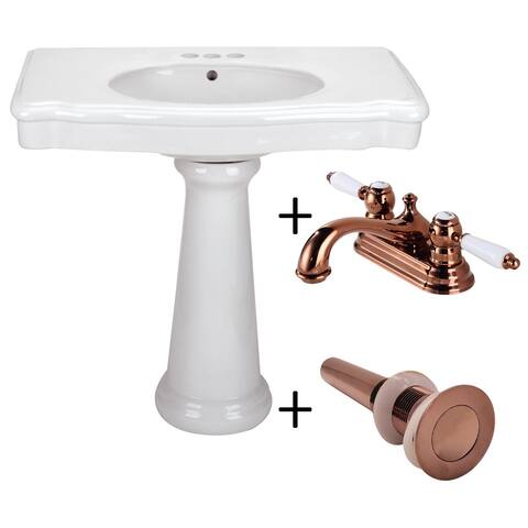 34" W White Pedestal Bathroom Sink Porcelain Sink Basin, Pedestal Leg, Rose Gold 4" Faucet, Drain and Overflow Renovators Supply