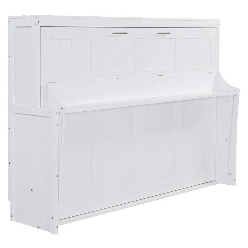 Full/Queen Size Wooden Murphy Bed with Desk, Foldable Murphy Bed Cabinet w/ Hydraulic Lift Design, Space Saving Murphy Chest Bed