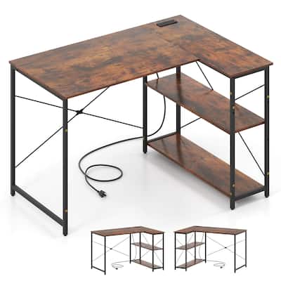 Costway L-Shaped Computer Desk with Power Outlets Adjustable shelf