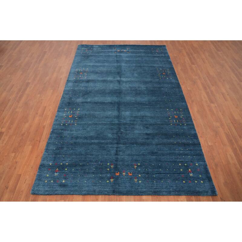 Hand Knotted Oriental Viscose Silk Carpet Tribal Animal Pictorial Navy Blue & Blues Gabbeh Area Rug - 9' 9'' X 5' 11''