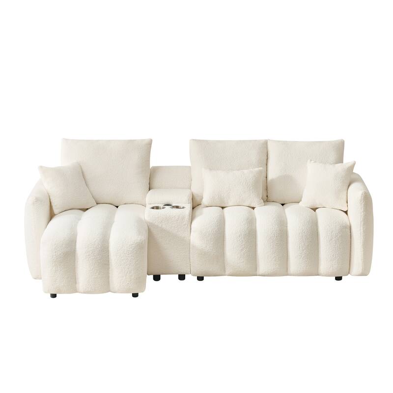 91.7" Modern Teddy Sectional Sofa with Storage Console, USB Ports & Cup Holders, Upholstered L-Shaped Couch with Chaise Lounges