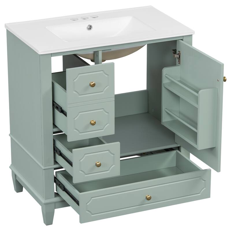 30" Bathroom with Sink,Cabinet with Basin,Wood Frame,Soft-Close Door,3 Drawers,Painted MDF & Rubber Wood,Shelves Included