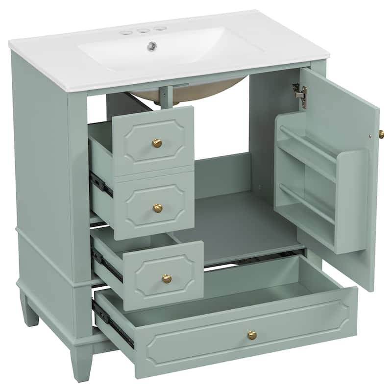 GDFStudio 30" Freestanding Bathroom Vanity with Ceramic Sink and Storage Drawers - 30" W x 18" D x 33.8" H