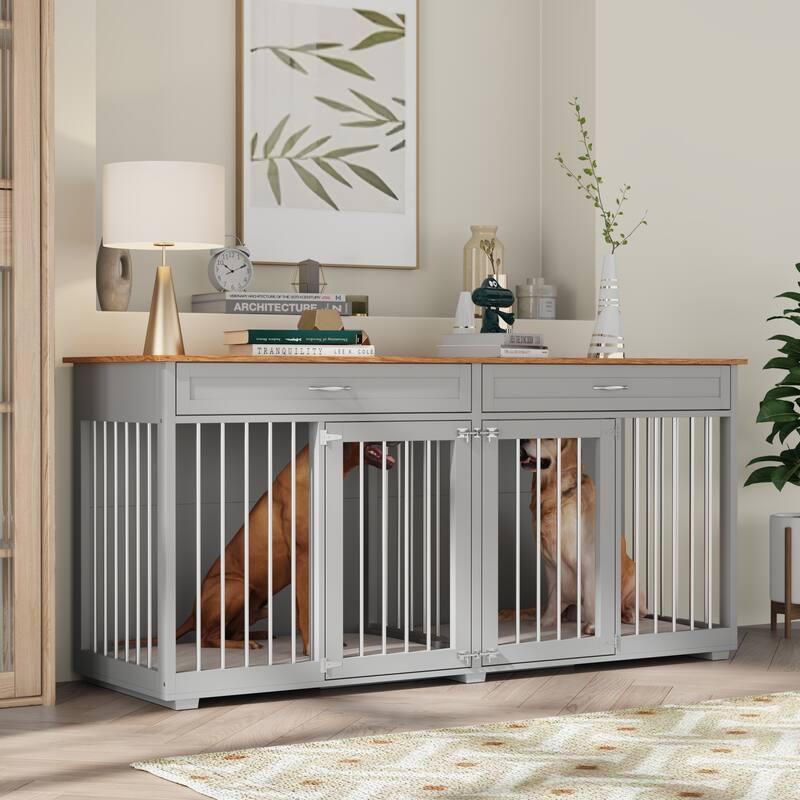72.4 Inch Wooden Large Furniture Dog Crate with Drawers & Divider