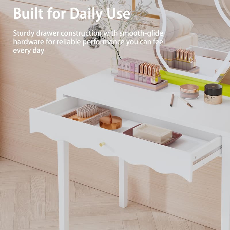 35.43"Vanity Desk with Drawer - Modern Makeup Table with Scalloped Front & Gold Knob, Compact Writing Desk with 4 Sturdy Legs