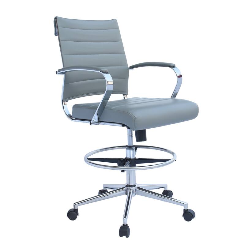 Swivel PU Leather Office Drafting Chair For Standing Table Mid-Back Ribbed Executive Ergonomic With Arms Wheels Task Computer - Grey