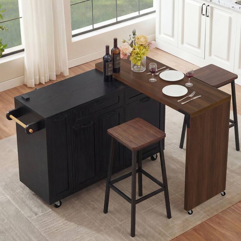 Mobile Kitchen Cart with Pull Out Dining Table Storage Drawers and Spice Rack - Black
