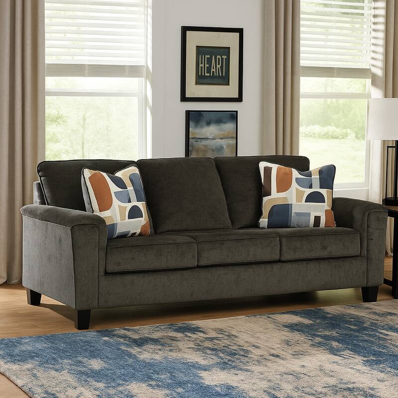 Erin Sofa, 2 Accent Throw Pillows, 89 Inch Plush Dark Gray Polyester