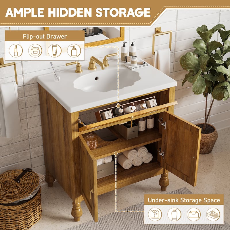 Christopher Knight Home - Jin 30-Inch Walnut Bathroom Vanity: Seashell Resin Sink & Flip-Up Storage