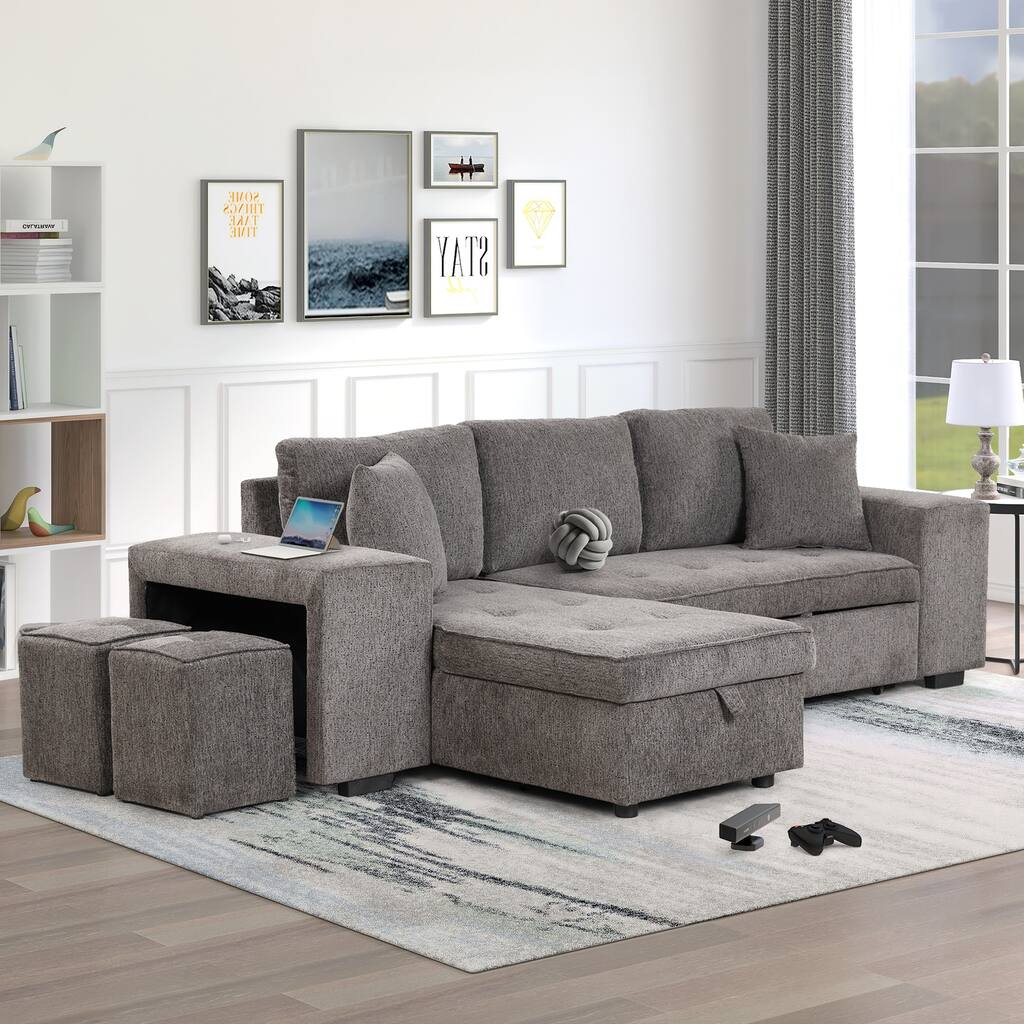 Grey 104.5" Charcoal L-Shaped 3-Seater Sofa with Pull-Out Bed