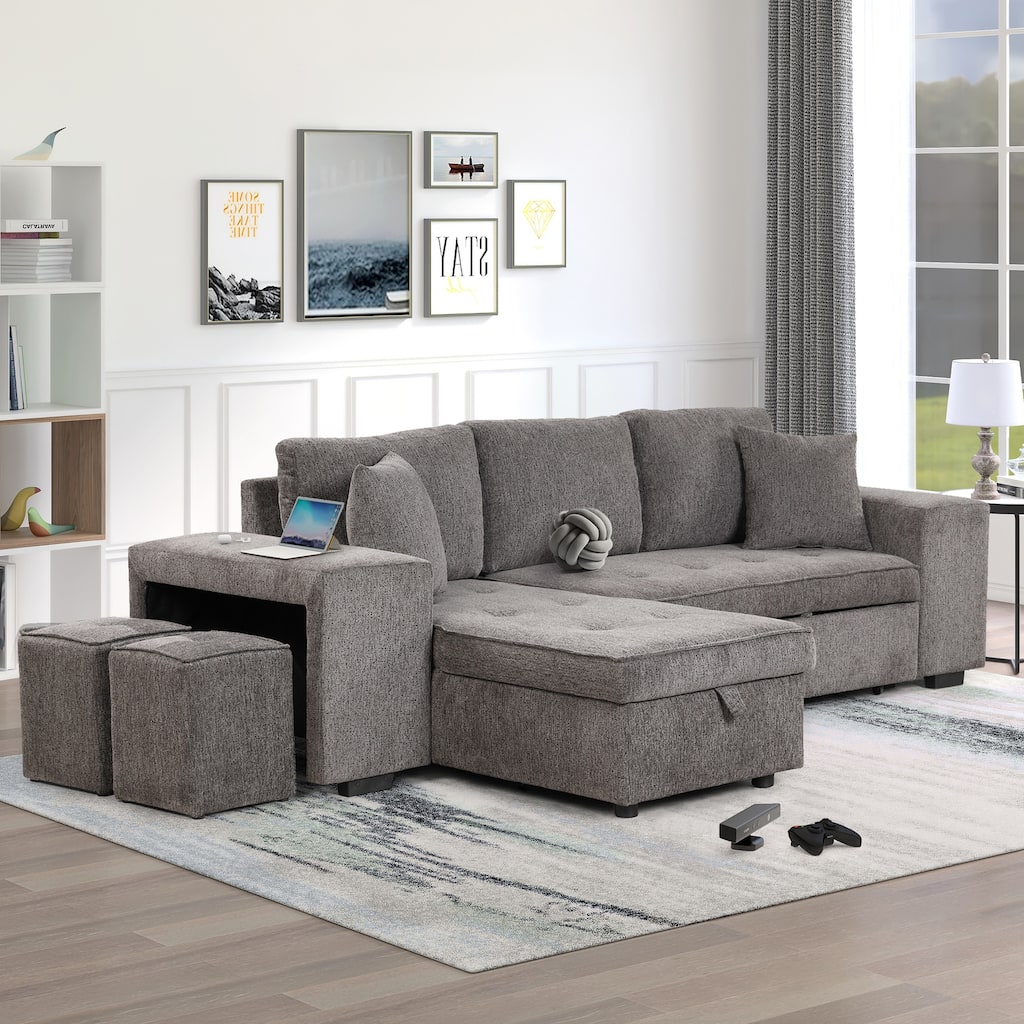 Modern L Shaped Sleeper Sofa with Pull Out Bed and Chaise Storage and Extra Stools for Apartments or Guest Rooms