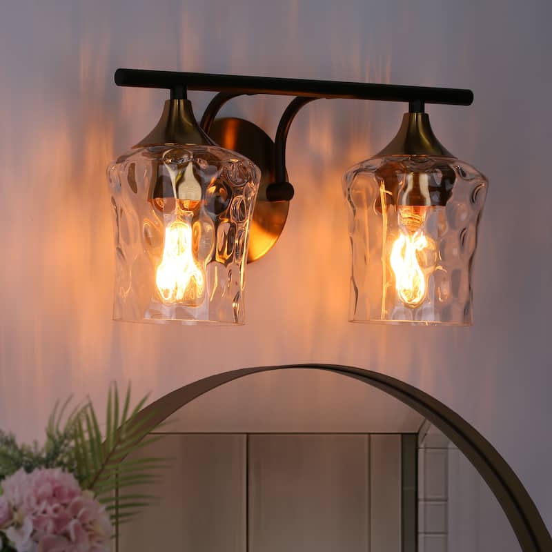 2/3/4-Light Modern Gold Black Bathroom Vanity Light Wall Sconce with Hammered Glass - 2-Light