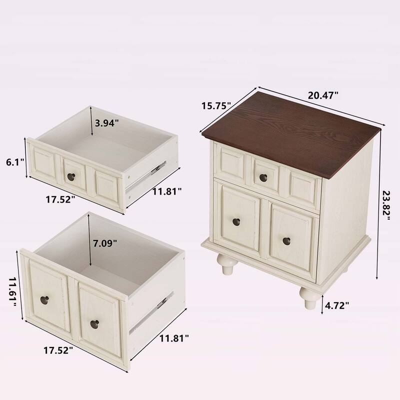 Wood End Table with 2 Drawers and Roman Column Legs,for Bedroom and Living Room