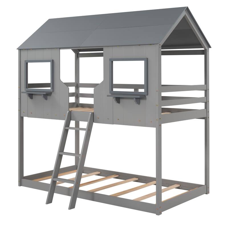 Bunk Bed Wood Bed with Roof, Window, Guardrail, Ladder