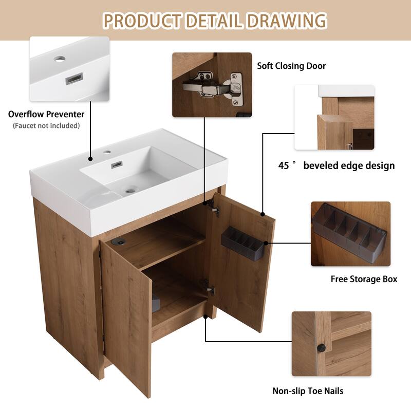 BNK 24/30/48/60 inch Freestanding Resin Sink Bathroom Vanity with Soft Close Door and Adjustable Shelf