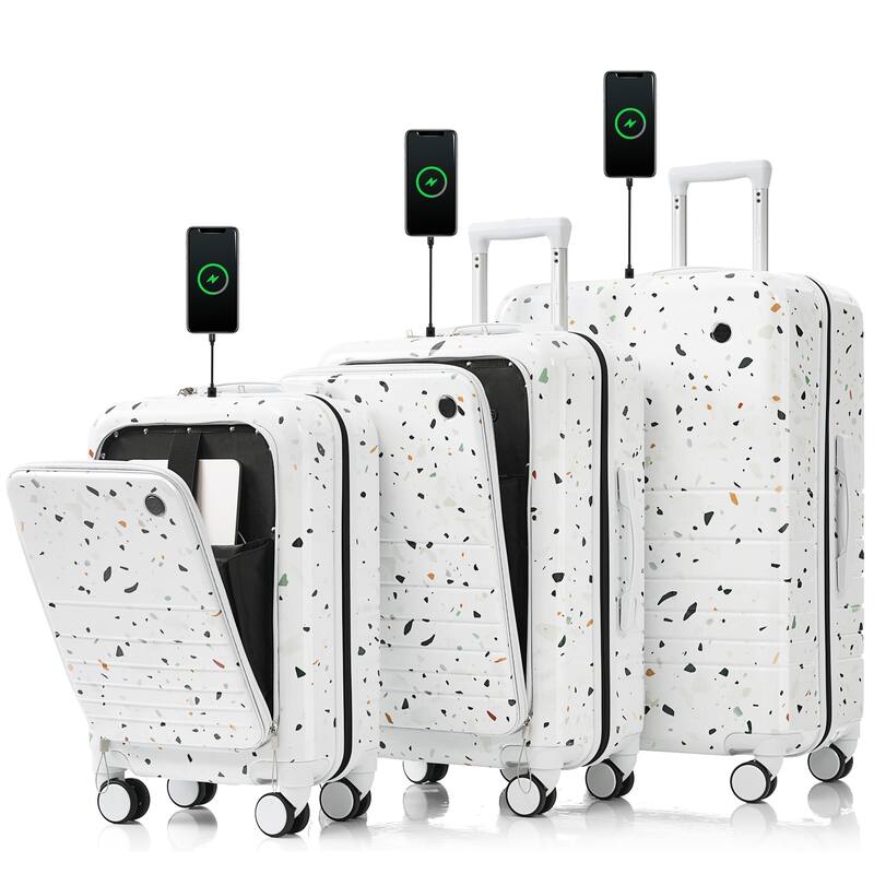 High Quality Front Opening Luggage Sets 3 Piece, ABS+PC Hard Carry on Suitcase with USB Port and Cup Holder & Spinner Wheels - Ivory+White