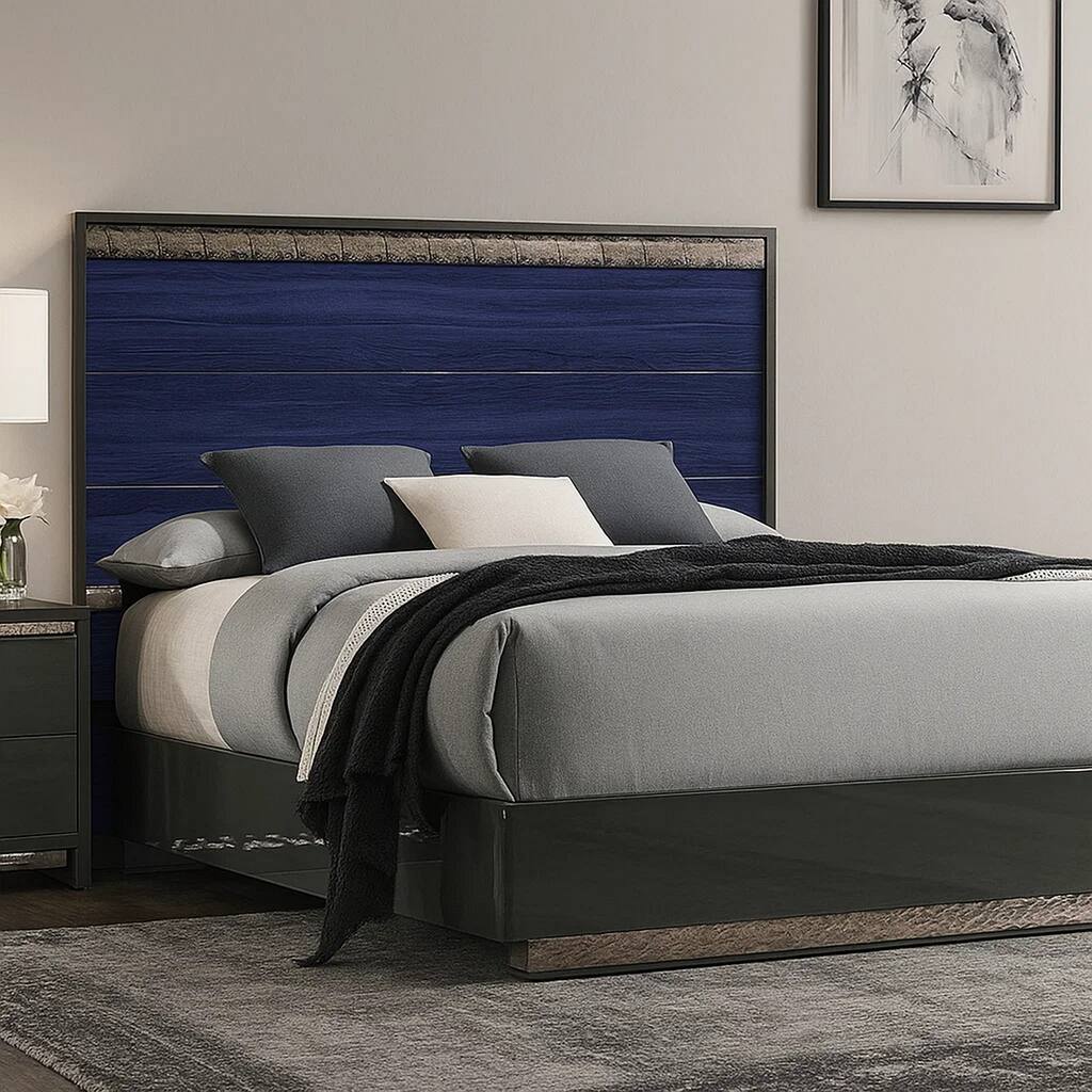 Cote Queen Bed, Slat Panel Headboard, Ash Gray and Indigo Blue Wood