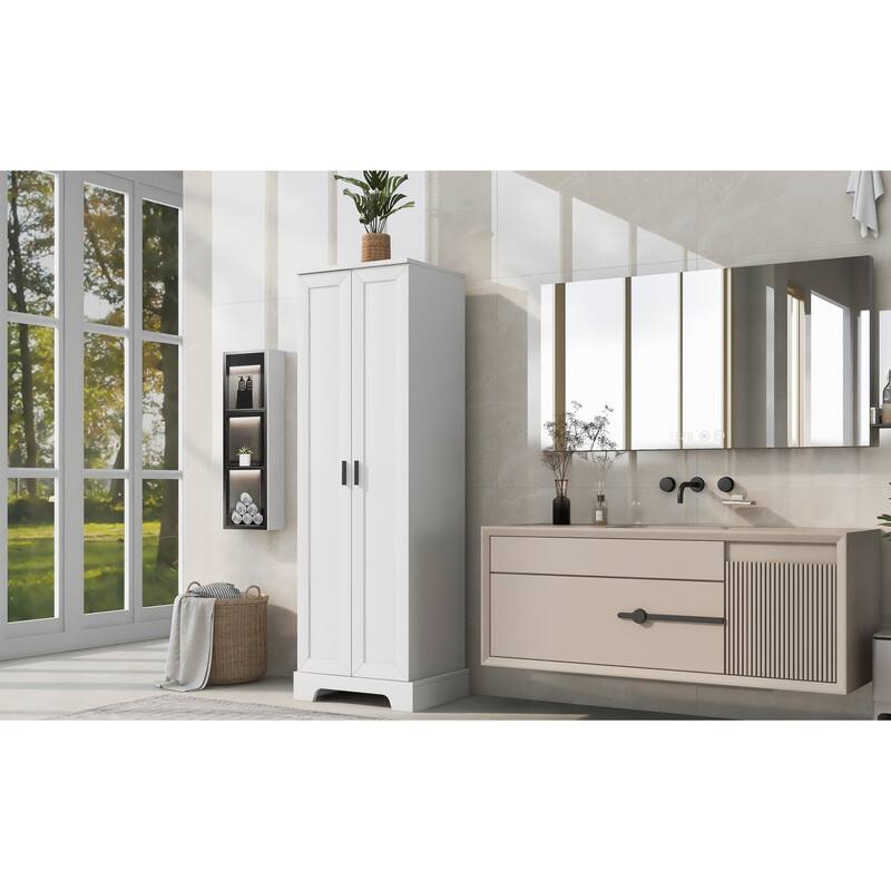 Roomfitters Tall 2-Door Storage Cabinet with 5-Tier Adjustable Shelves, Modern MDF Linen Tower for Bathroom & Office