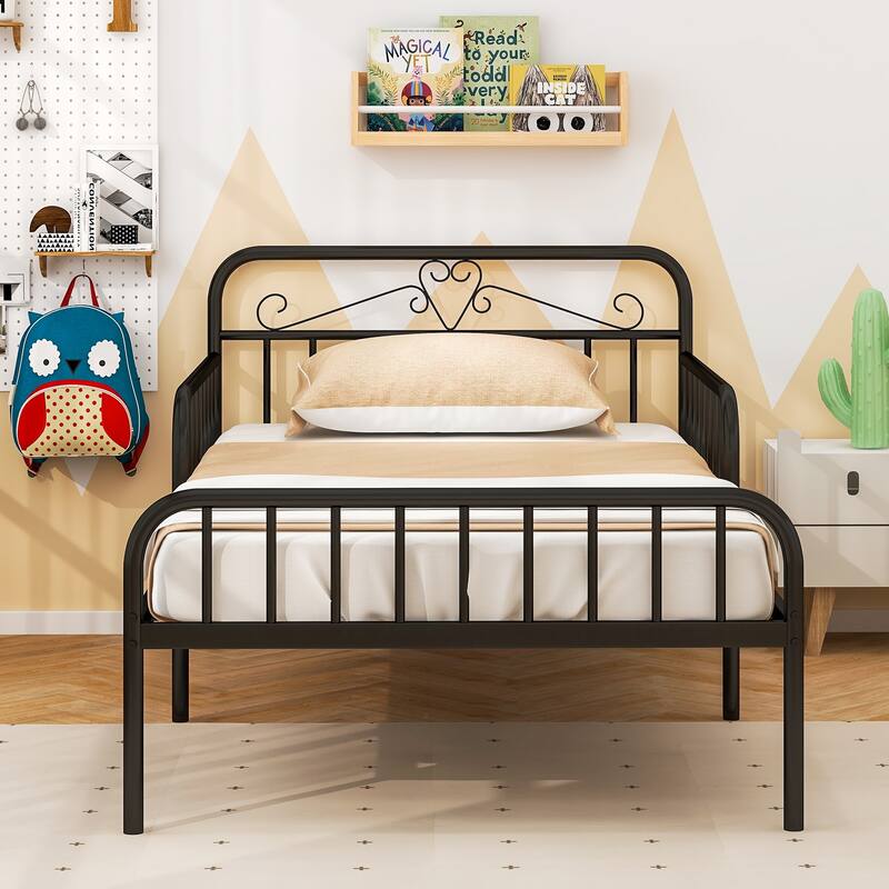 14 Metal Slats Twin Size Bed Frame with Headboard and Safety Side Guardrails