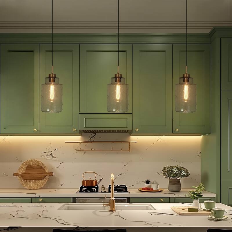 Modern Classic 1-Light Black Gold Large Grey High-Clarity Aqua-Patterned Glass Kitchen Island Pendant Light for Dining Room