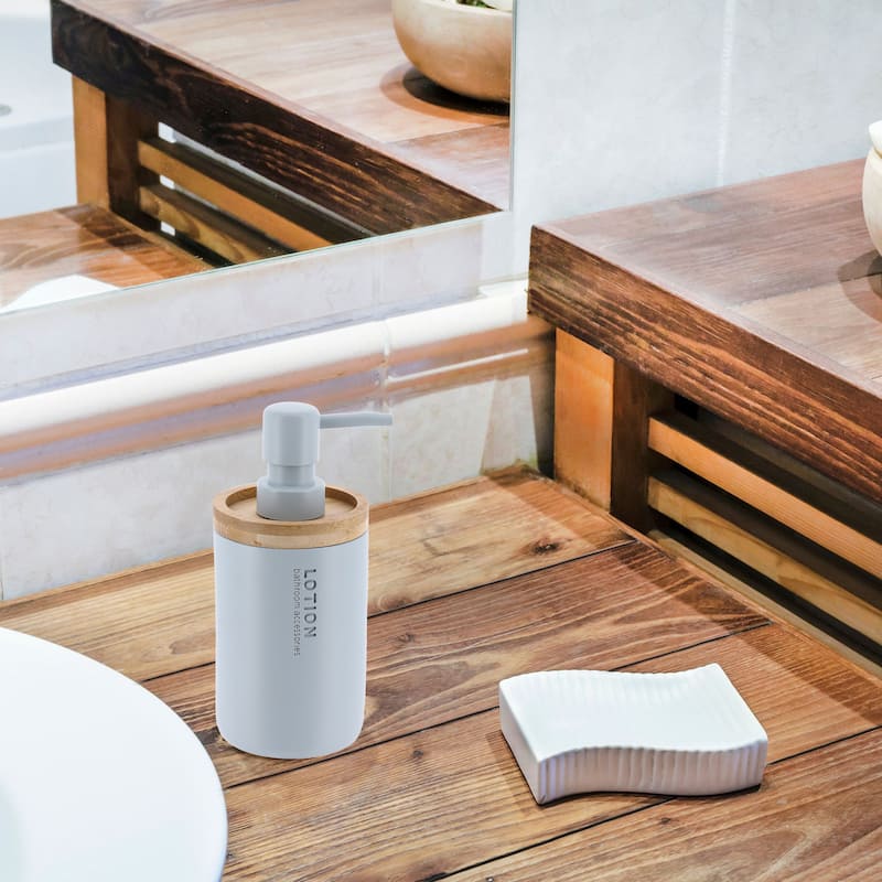 Elegant Soap Dispenser - Polyresin and Bamboo Design, Refillable Liquid Pump - 3 L x 3 W X 7 h