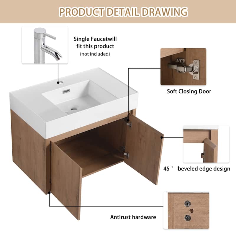 ARTCHIRLY 24"/30"/36" Bathroom Vanity with Sink, Floating Bathroom Vanity with Soft Close Door