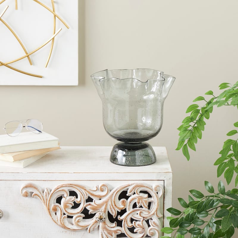 Black Glass Tulip Inspired Wide Floral Vase with Wavy Opening and Gold Speckles - Black - 10" x 10" x 11"