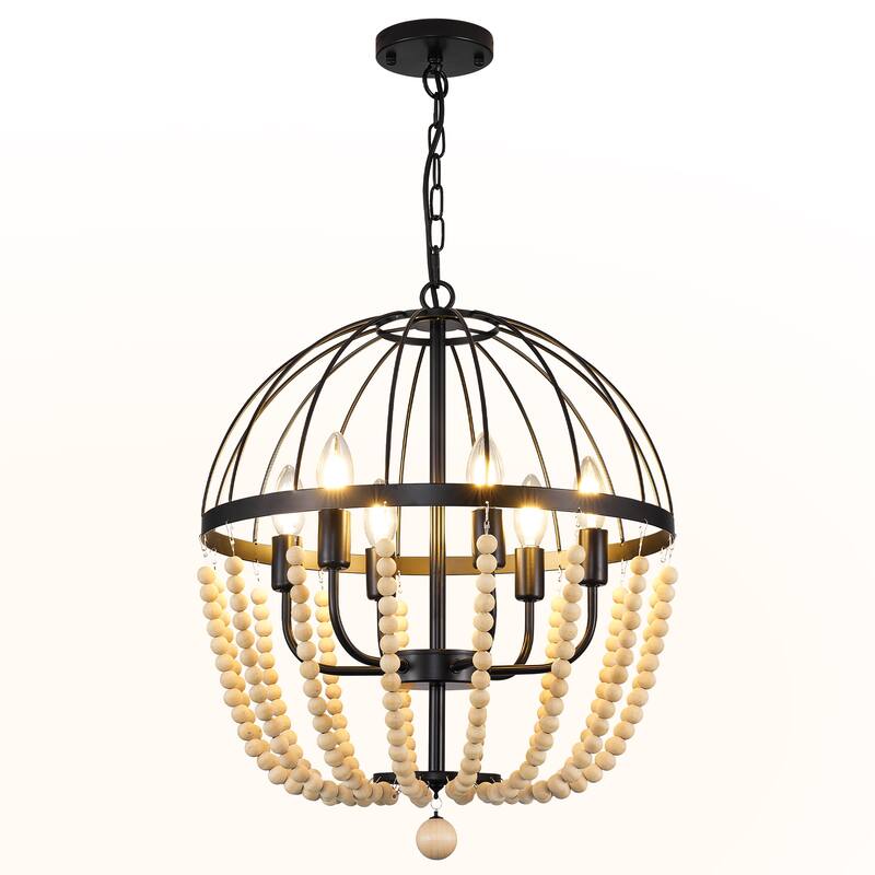 6-Light Metal Chandelier with Wooden Beads