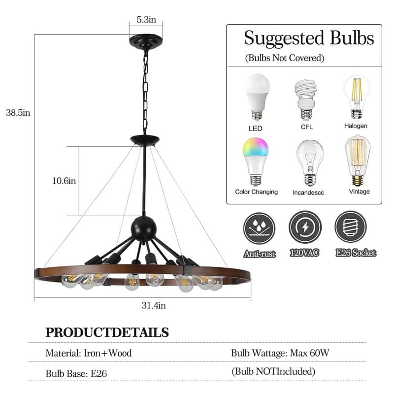 32" Rustic Industrial Chandelier, Eight Lights, Metal And Wood Finish, Adjustable Hanging Chain (No Bulb)