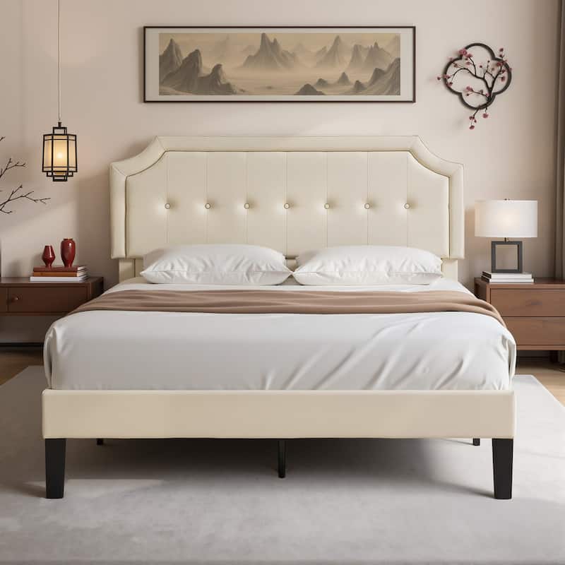 Javlergo Modern Upholstered Bed Frame with Height Adjustable Headboard Heavy-Duty Frame No Box Spring Needed - Beige - Queen