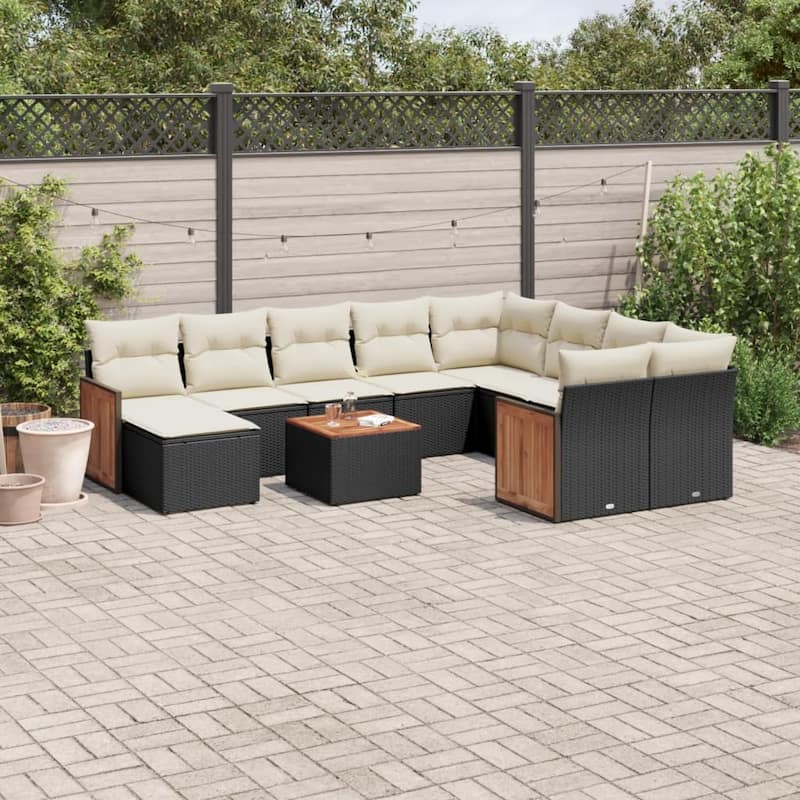 vidaXL 11 Piece Patio Sofa Set with Cushions Black Poly Rattan - 24.4" x 24.4" x 27.2"