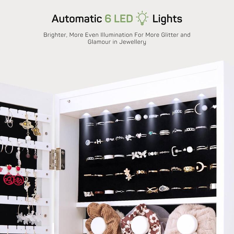 Jewelry Organizer Cabinet, 47.2-Inch Lockable Jewelry Armoire with Full-Length Mirror, Wall or Door-Mounted, Large Storage 6 LED