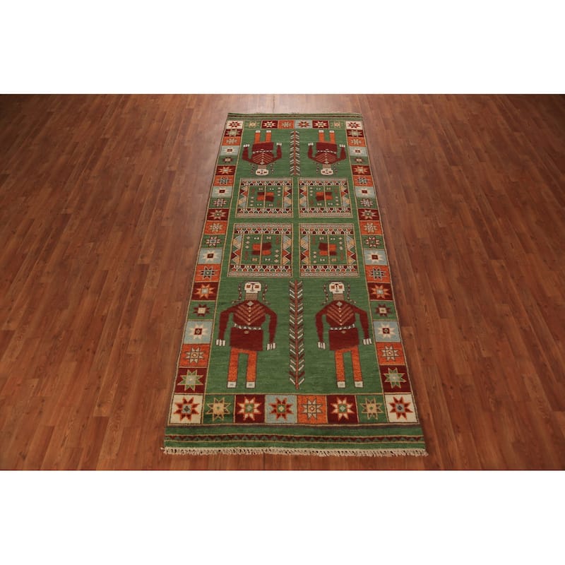 Tribal Green Kazak Indian Runner Rug Hand-Knotted Wool Carpet - 3'11"x 9'10"