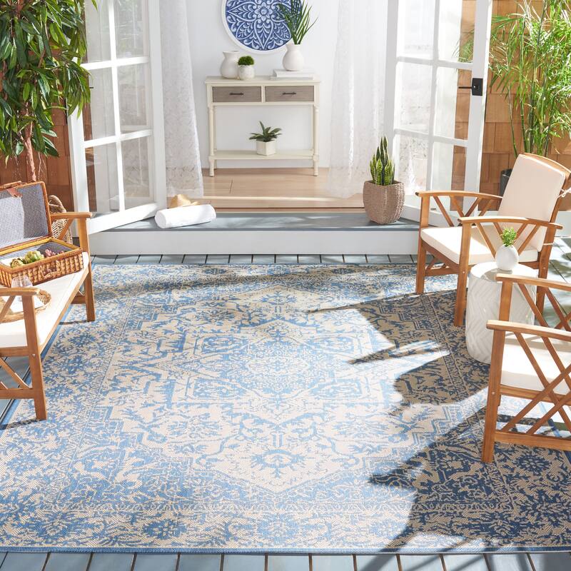 SAFAVIEH Beach House Pouline Indoor/ Outdoor Waterproof Patio Backyard Rug - 9' x 12' - Cream/Blue