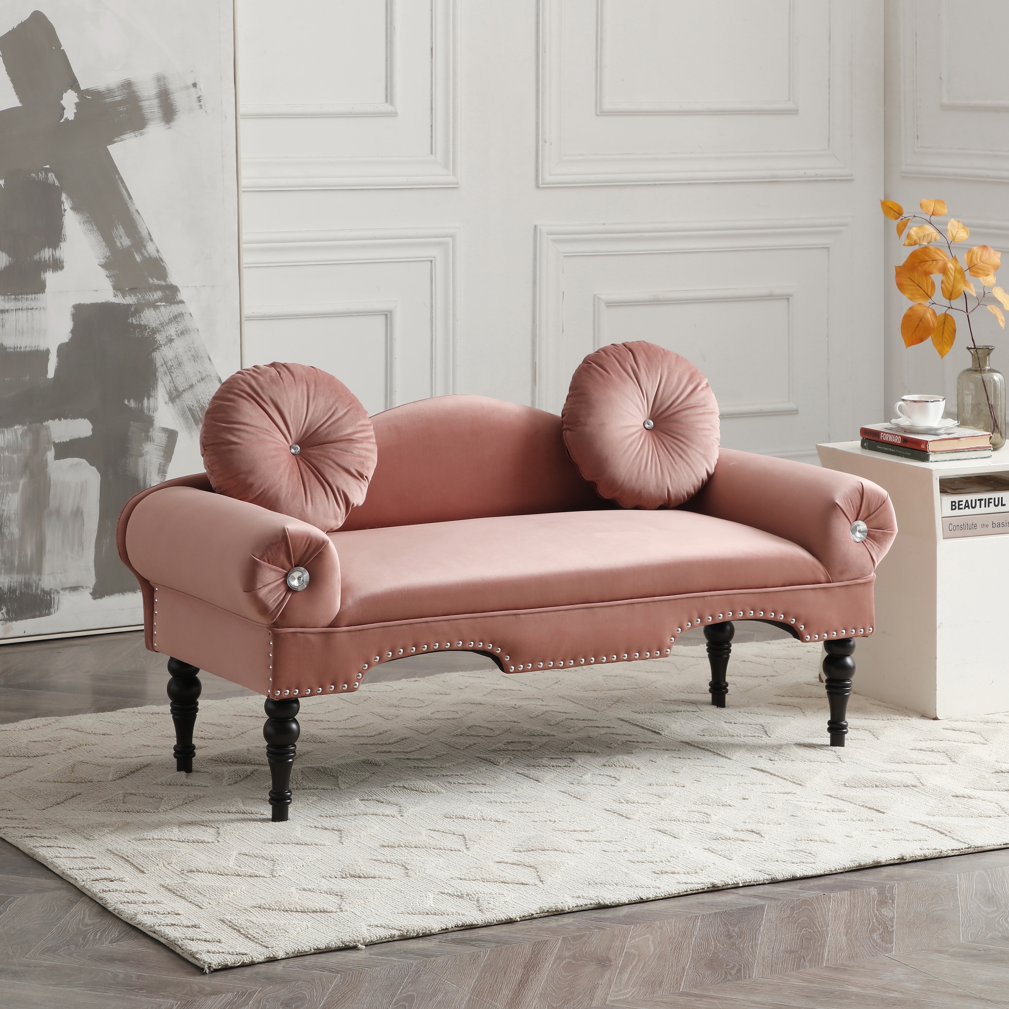 Velvet Upholstered Loveseat Sofa with Nail Head Trimming and 2