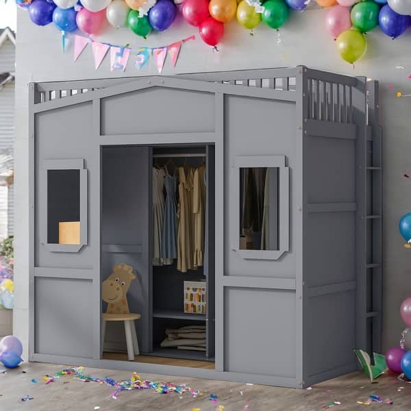 slide 2 of 13, Twin Size House Loft Bed With Ladder and Wardrobe Grey