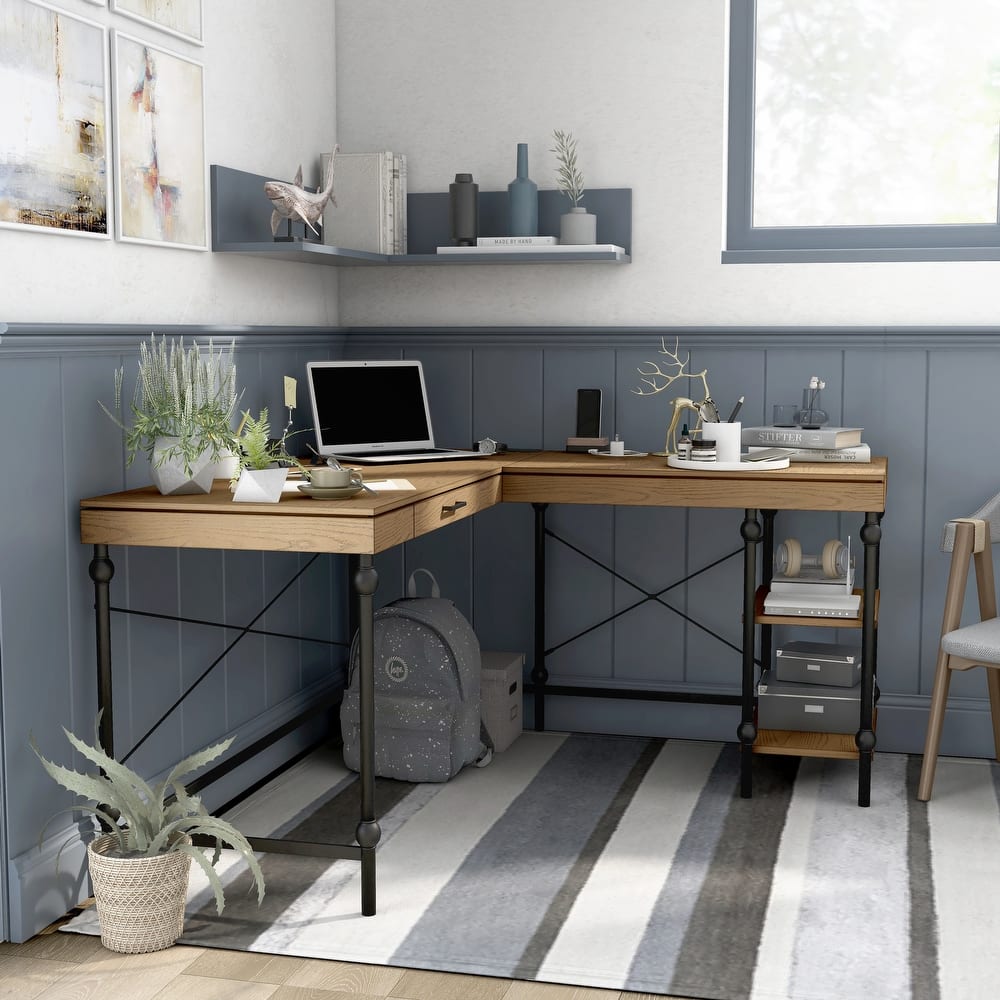 Haley Farmhouse 59-inch Metal L-Shaped Computer Desk with USBs by Furniture of America