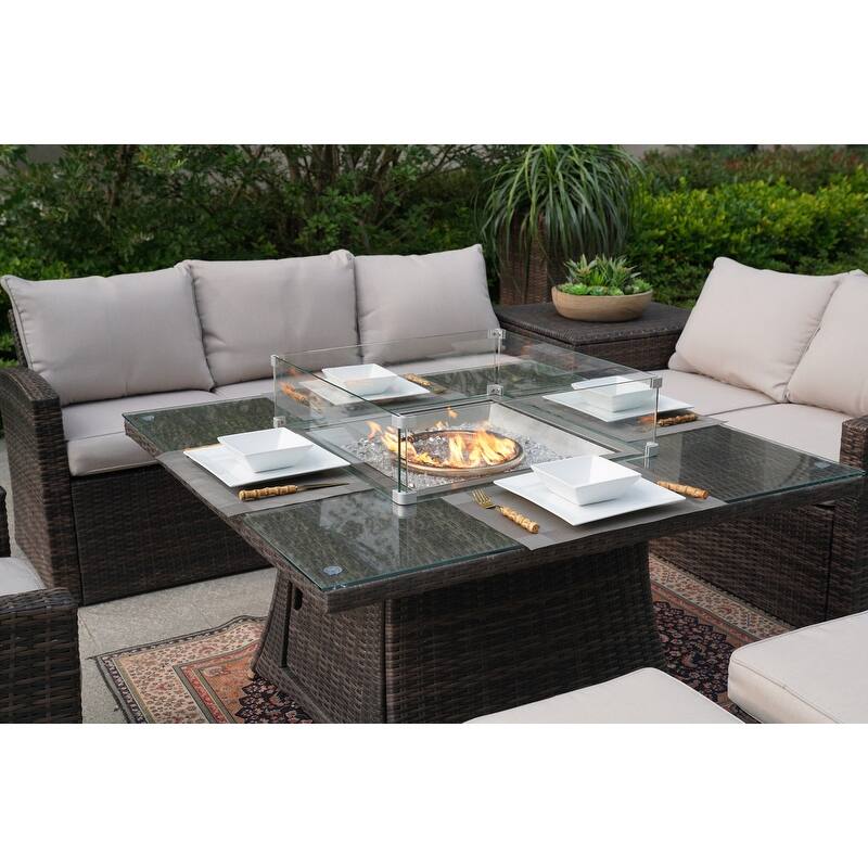 7 Pieces Patio Wicker Sofa with Square Firepit Dinging Table