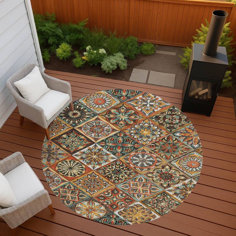 Machine Washable Indoor/ Outdoor Traditional Mosaic Chantille Rug - Gold - 8' x 8'
