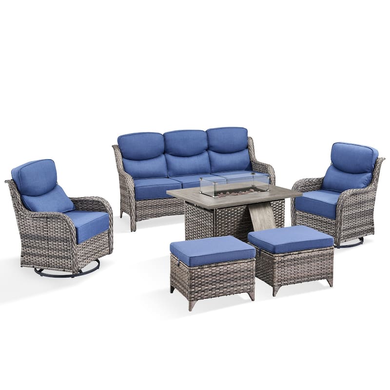 Pocassy 6 Pieces Outdoor 6 Inch Sofa Swivel Chair Ottoman with Fire Table