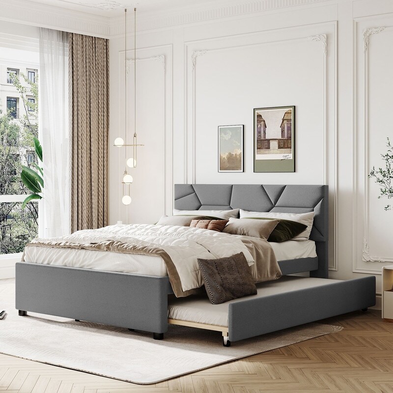 Full Queen Size Upholstered Beds with A Twin XL Trundle Linen