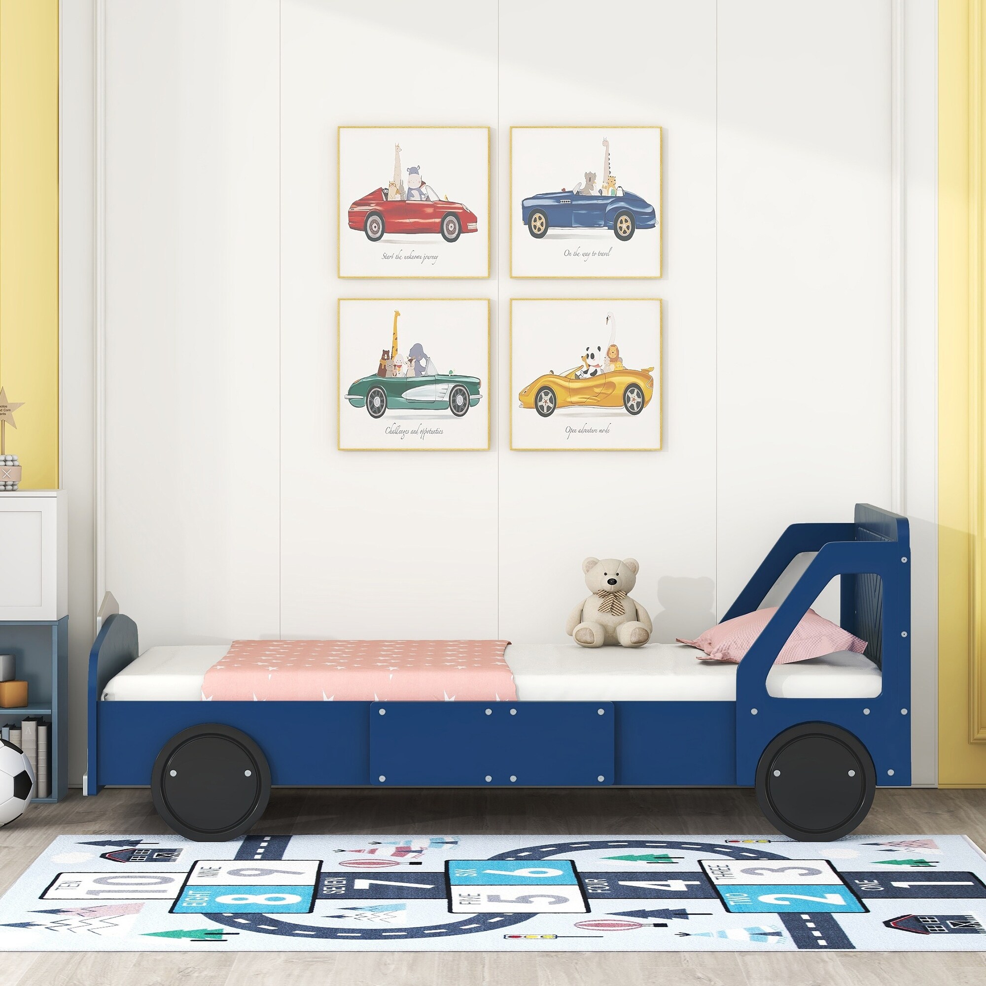 Twin Car Bed Frame for Boys Wood Platform Bed with Headboards for Kids Toddlers Race Car Shaped Bed with Wooden Slats Blue Bed Bath Beyond 39310306