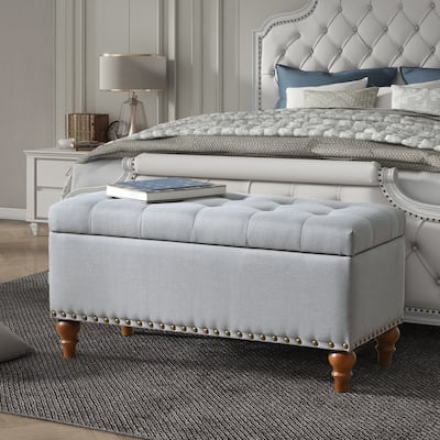 Farmhouse Style Fabric Solid Wood Storage Bench with Flip Top