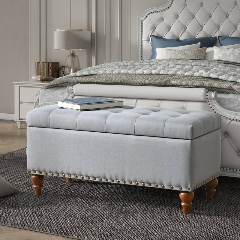 Ottoman storage bench, recessed support hinge top easy to open, rivet trim around, bedroom, entrance, living room, linen