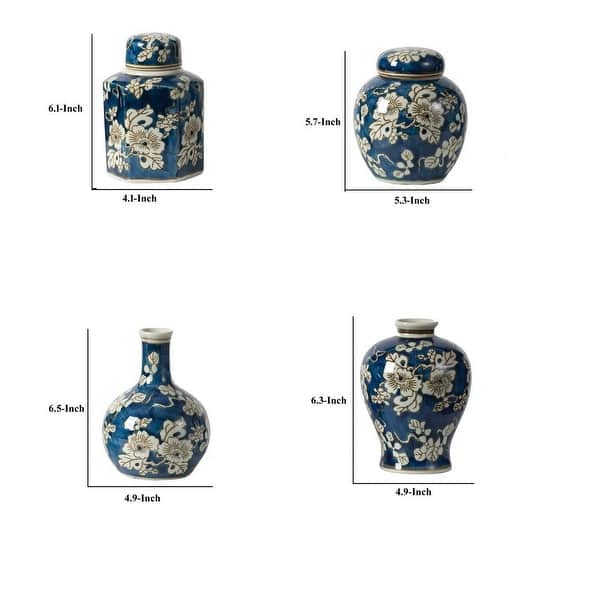 Set of 4 Lidded Jars and Vases, Classic Curved Round Blue and White Ceramic - 5.3L x 5.3L x 5.7H