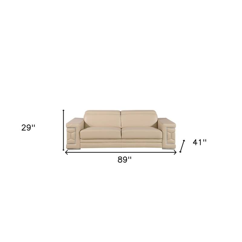 HomeRoots 89" Beige Leather Sofa With Silver Legs
