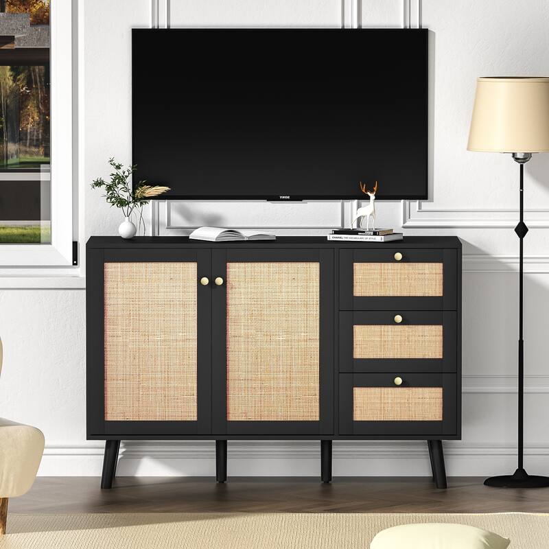 Anmytek Mid-Century Modern 2-Door Wood Rattan Buffet Sideboard Kitchen Storage Cabinet with 3 Drawers