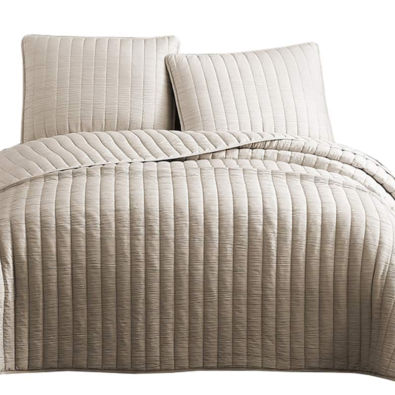 3 Piece Crinkles King Size Coverlet Set with Vertical Stitching, Brown