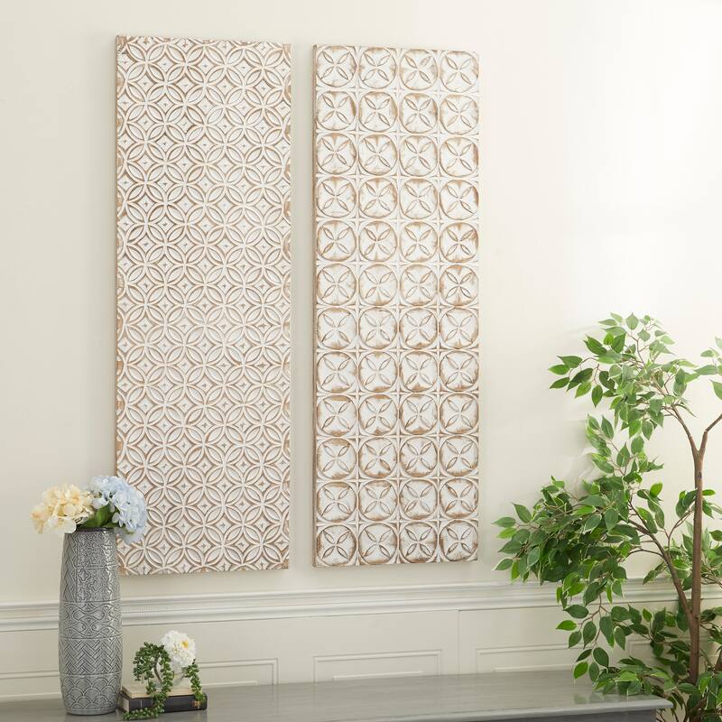 White Wooden Intricately Carved Geometric Home Wall Decor (Set of 2) - White