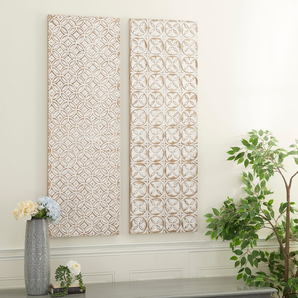 White Wooden Intricately Carved Geometric Home Wall Decor (Set of 2)